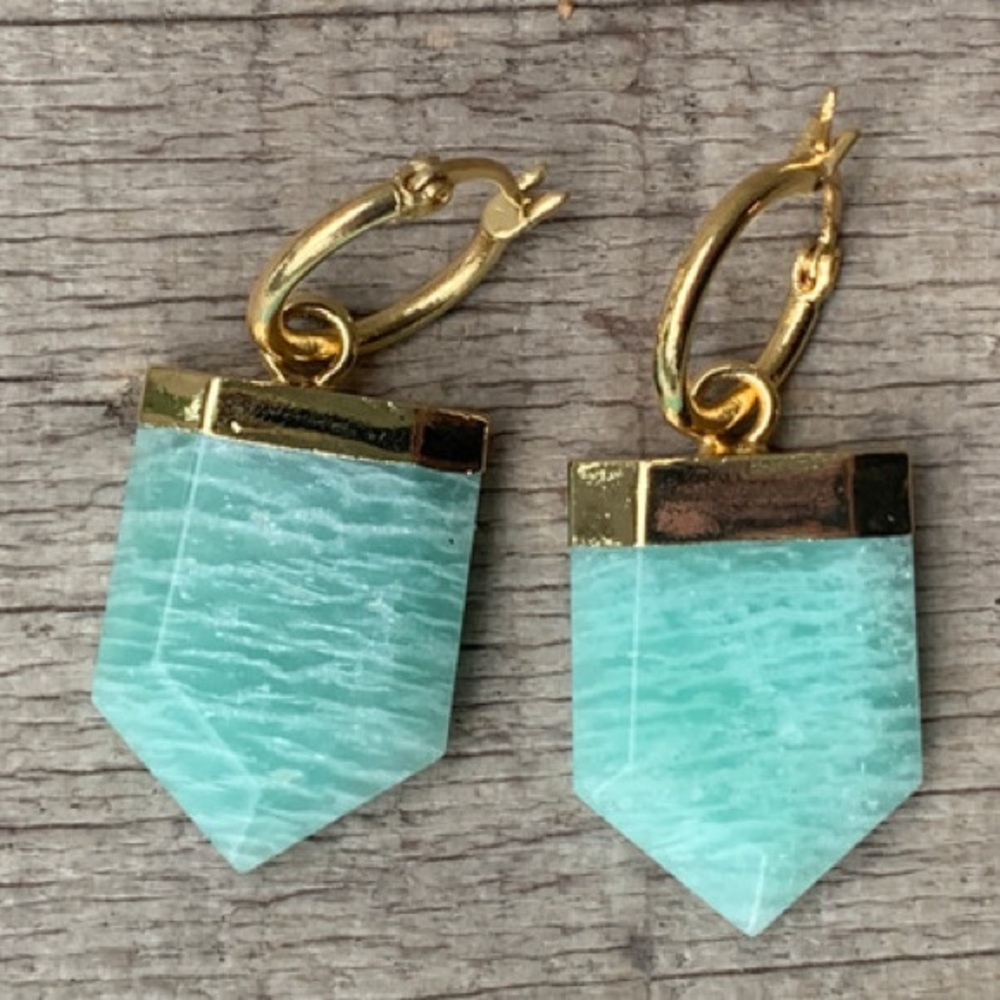 Blue Amazonite Carved Crystal Gold Hoop Earrings